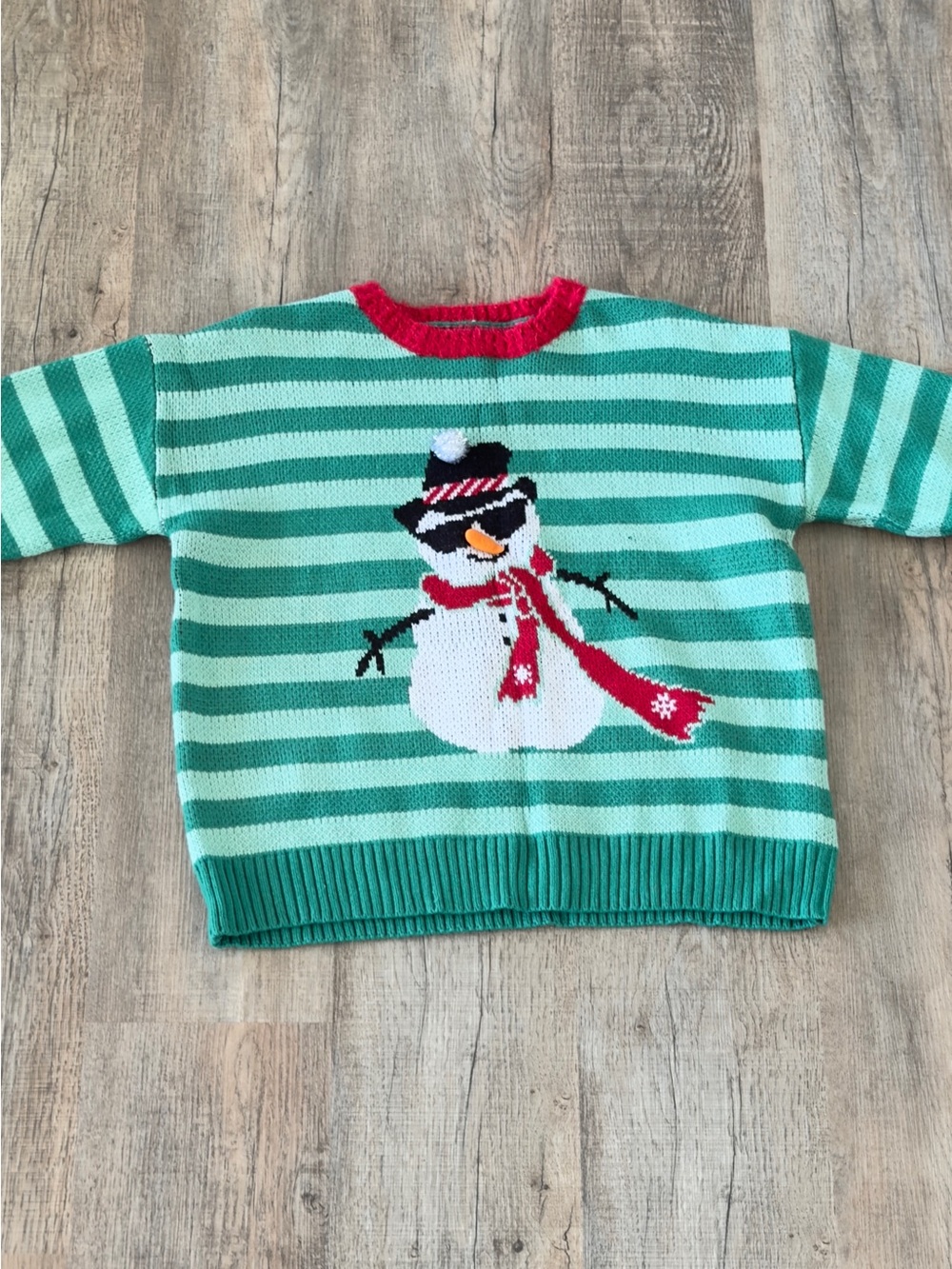 Green Striped Snowman Crewneck Sweater with Red Accents